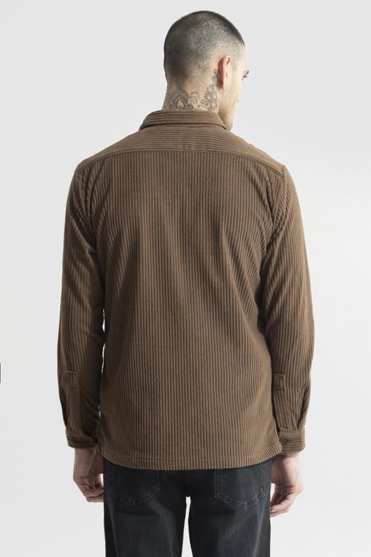 Image of SNITCH Men's Textured| Self-Design Shirts | Casual Wear| College Wear Streetwear Style | Polyester Spread Full Sleeve Relaxed Fit Brown