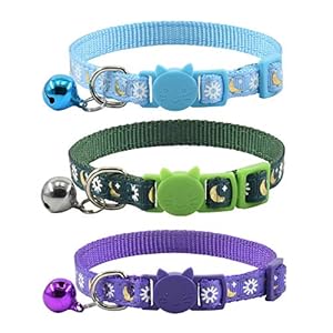 3 PCS Breakaway Cat Collar with Bell, Moon Cat Collar Adjustable Cute Kitten Collars Soft for Cat Puppy 7-10.2in (Blue Green Purple)
