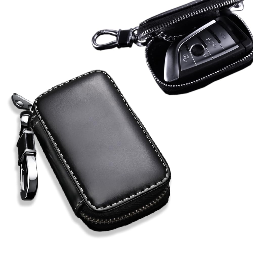 Car Key Cover, Genuine Leather Smart Key Chain Holder with Metal Hook, Keyring, and Zipper Bag