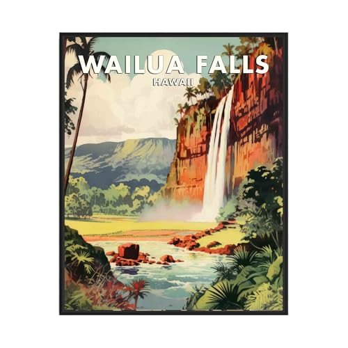 Wailua Falls Hawaii Poster Art Print, Vintage Waterfalls Retro Mountain and Lake Landscape, Wall Art...
