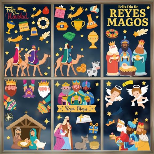 Augshy 9 Folhas de Natal Reis Magos Janelas Autocolantes, Autocolantes de Reis Magos de Decoração, Natal Nascimento Autocolantes de Janelas Vidro Decoração Adornos Parede Porta Casa de Natal