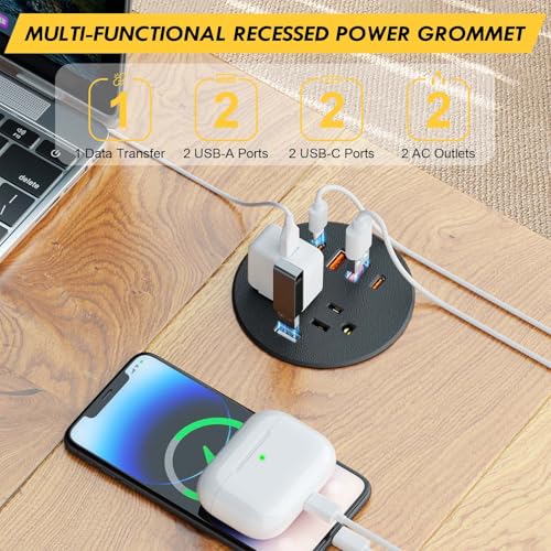 Kungfuking Desktop Power Grommet, Puerto de carga rápida 35W USB C, Multitoma empotrado para orificio de 3 pulgadas, 1 puerto de transferencia de datos, 2 tomas, 4 puertos USB, Multitoma para escritorio (Negro, cable de 1.8 metros) miniatura 2