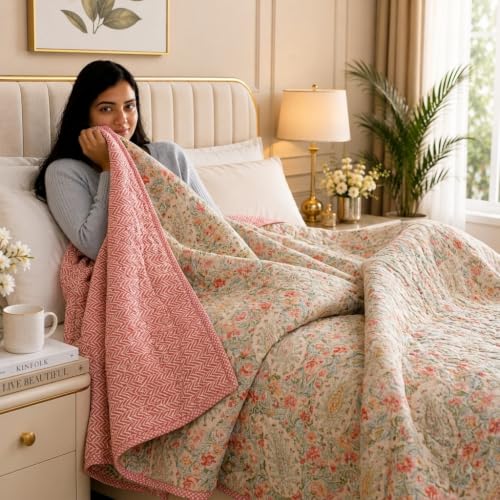 Image of IVAZA Luxury Ultrasonic Punch AC Comforter Blanket - Quilted Microfiber Floral Pattern, Lightweight Breathable All‑Season Blanket for Bedroom, Travel (Single Bed,228x152 CM) Rose Beige