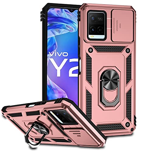 XINYEXIN Funda para Vivo Y21 / Vivo Y21S / Vivo Y33S, Funda Cubierta de cámara Deslizante con Magnético Anillo Soporte, Militar PC + TPU Bumper Antigolpes Carcasa Rugged Caso - Oro Rosa