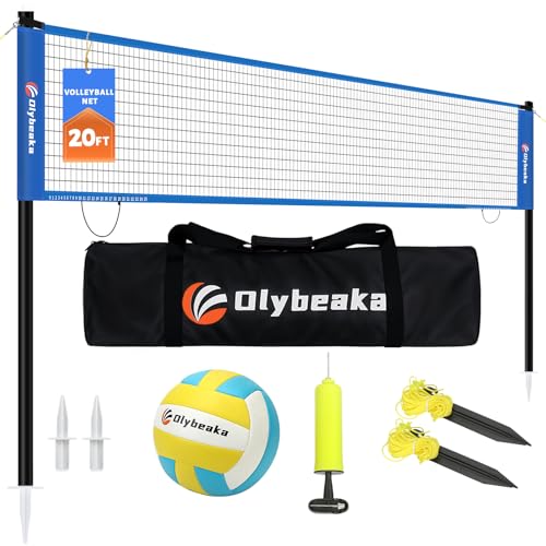 Portable Outdoor Volleyball Net Set for Backyard Beach with Adjustable Poles Soft PU Volleyball & Pump Carry Bag and Durable Anti-Sagging Net (Blue 20ft)