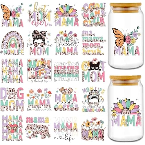 Rngmsi Mom UV DTF Cup Wraps - 20 Sheets Mama UV DTF Cup Wraps for 16 Oz Glass, Leopard Print Cat Dog Bear Flower Stickers For Water Bottles, Waterproof Rub On Transfer Decals, Mothers Day Gift