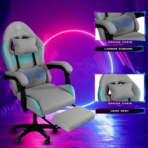 Image of Casa Copenhagen Designed in Denmark, High-Back Fabric Gaming Ergonomic Chair with Advanced Mechanism & Electric Back Massager, Luxurious Memory Foam Seating & Multi Function Arm-Rest -Grey & Aqua Blue