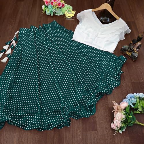 Image of Classic Flared Long Floor Length Georgette Skirt for Women /Girls and Lycra Crop-Top Set || Polka Dot Skirt || Elegent Design || Drawstring Band