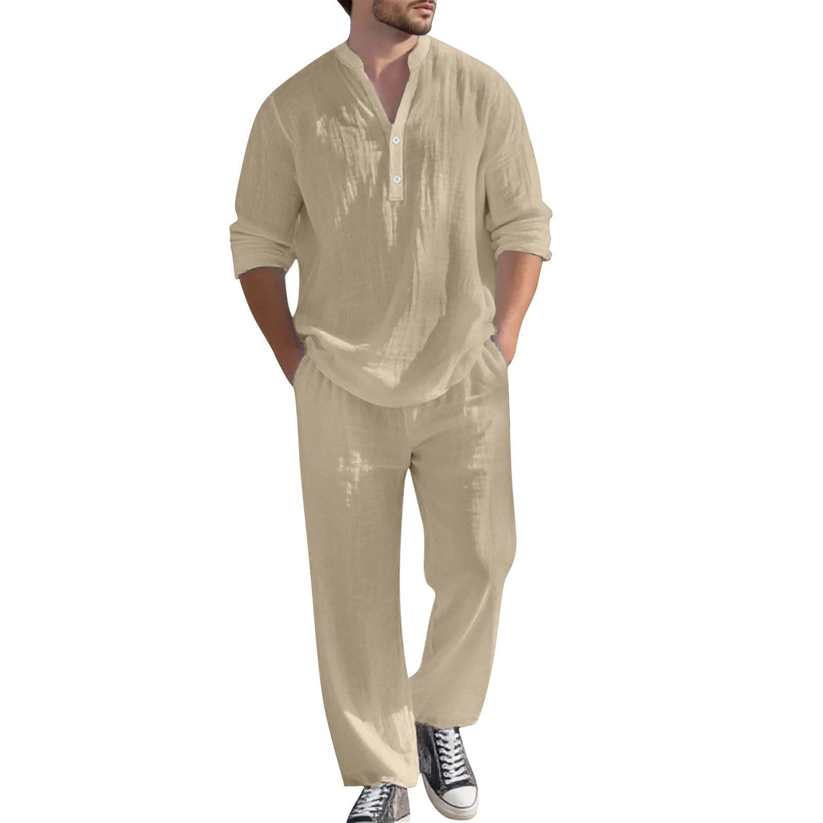 Generico Completo Uomo Lino Cotone Camicia Collo Alla Coreana E Pantaloni Lunghi Coordinato Casual Spiaggia Cerimonia Mare Vacanze Traspirante Leggero Abbigliamento Estivo Comodo