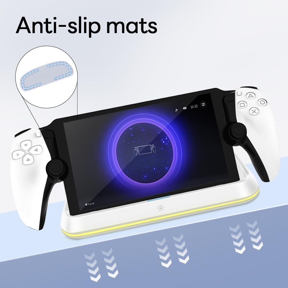 Image highlighting the anti-slip mats on the bottom of the charging dock, ensuring stability.