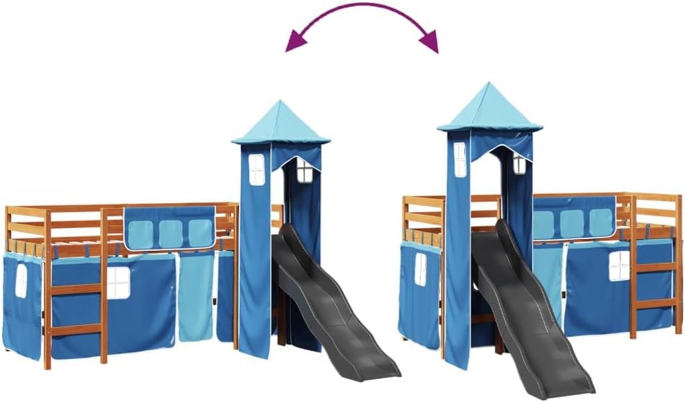 Loft bed with reversible slide and tower position