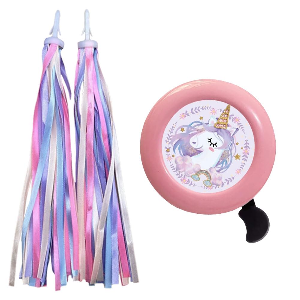 Satiskid Unicorn Bike Bell Kids Set with Colorful Tassels, Loud Childrens Bicycle Bell Pink Girls Bike Accessories with Streamers for Bicycles and Scooters