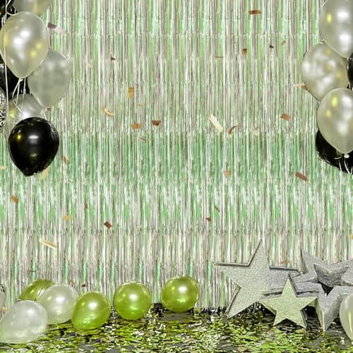 Image of DECOCKRAT 3 Pack Foil Fringe Backdrop - Light Green Shiny Tinsel Curtains for Party Decoration /Photo Booth Props - 3.3x8.2 FT Metallic Foil Backdrop for Birthday, Wedding, Graduation, Christmas