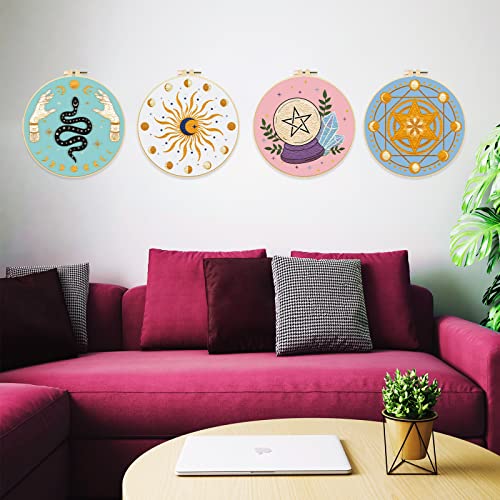 Image of FREEBLOSS 4 Set Tarot Style Embroidery Kit for Beginners Cross Stitch Kit with Instructions Full Kit of Embroidery Cloth Embroidery Hoops 12 Colors Floss