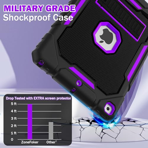 Image of ZoneFoker Case for iPad 9th /8th /7th Generation 2021 /2020 /2019(10.2 inch), Heavy Duty Military Grade Shockproof Rugged Protective 10.2 inch Cover with Built-in Stand for iPad 9 8 7 Gen(Black+Purple)