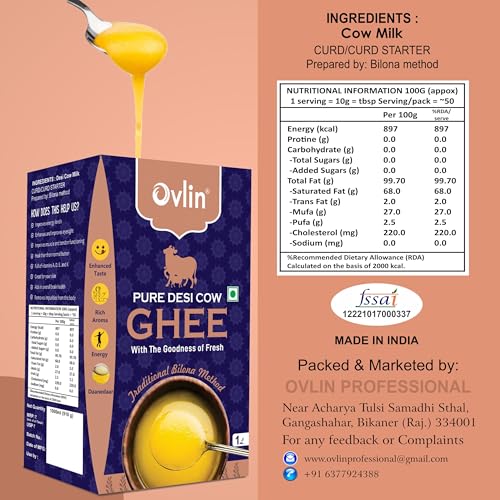 Image of Ovlin Pure Desi Cow Ghee 1L (1000 ml) | Traditional Bilona Method Cow Ghee | Premium A2 Style Desi Cow Ghee | Rich Aroma & Grainy Texture (Danedar) | Natural Indian Cooking Ghee
