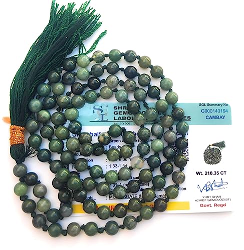 Image of Apnisanskriti Premium Moss Agate Stone Mala for Men and Women (6mm, AAA Quality, Lab Certified, 108+1) - Natural Stone Beads Mala - Green & White Bandings Colour - Pack of 1
