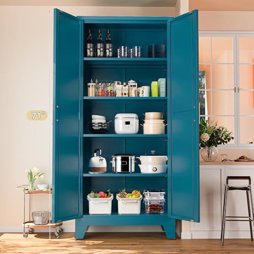 71'' Farmhouse Metal Storage Cabinet with Barn Doors,Steel File Cabinet for Home Office,Kitchen Pantry 4 Adjustable Shelves,Freestanding Cupboard for Kitchen,Home Office (Peacock Blue) - Image 3