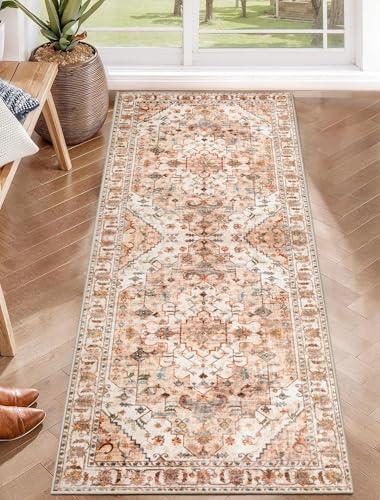 SERISSA Boho Washable Runner Rug, 2x5 Non-Slip Vintage Peach Cream Hallway Kitchen Runner Rug Ultra Soft Print Distressed Floor Carpet for Bedroom Bathroom Laundry Living Room