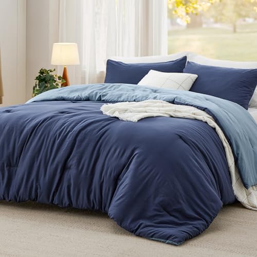 Image of Bedsure Queen Comforter Set, Navy Blue Soft Prewashed Bedding for All Seasons, 3 Pieces GentleSoft Bed Set, 1 Lightweight Comforter (90 inchx90 inch) and 2 Pillowcases (20 inchx26 inch)