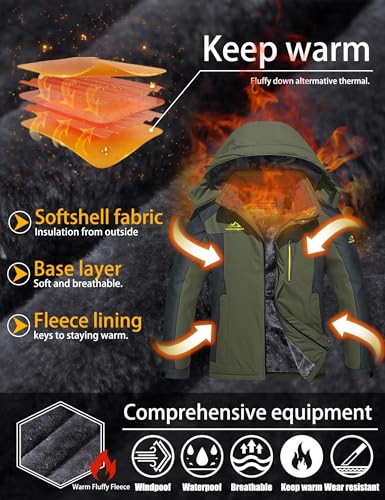 TACVASEN Herren Wasserdicht Winter Skijacke Warme Snowboardjacke Outdoorjacke Gefüttert Winterjacke (L, Armeegrün)
