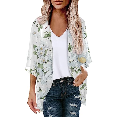 oelaio Womens Cardigan 2023 Casual Lightweight Open Front Cardigans 3/4 Sleeve Floral Print Puff Sleeve Kimonos Loose White