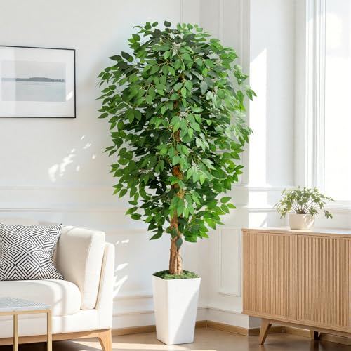 Image of 6ft Ficus Artificial Tree with 3 Natural Curved Trunks, 74 inch Tall Lush Faux Tree for Home Decor Indoor, Green Lifelike Fake Ficus Tree with White Wavy-Textured Planter Pot