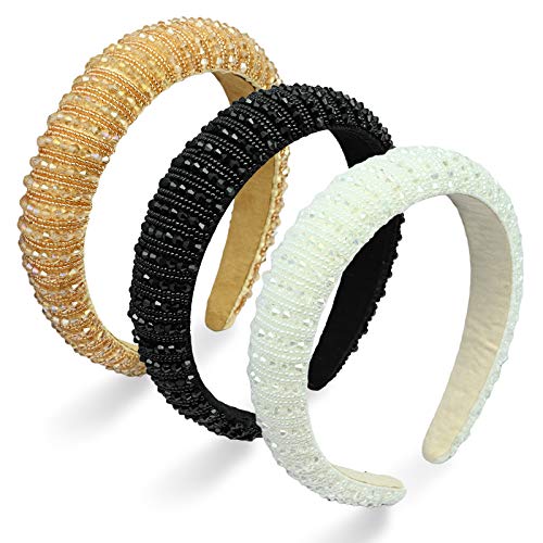 3 Piece Rhinestone Headband Crystal Diamond Beaded Padded Wide Headband Headwear Glitter Crystal Embellished Hairbands Hair Accessories for Women Girls Party Wedding (Black, White, Champagne)