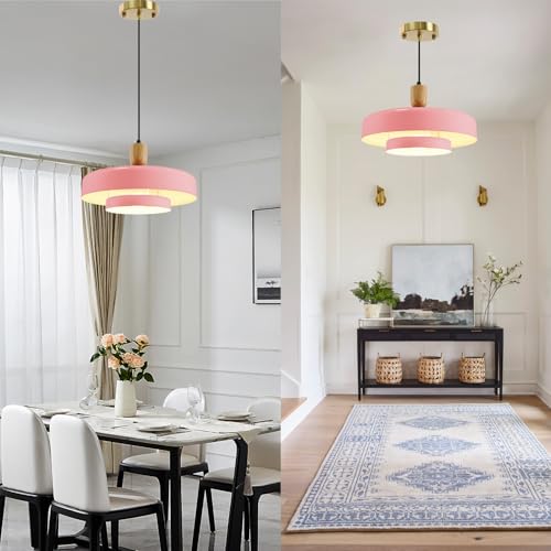 Image of Pink 2 Tier Saucer Hanging Pendant Lamp Adjustable Ceiling Fixture | Solid Wood Pendant Light, Gold Canopy, 150cm Adjustable Cord, E26, Fits Flat /Sloped /Arched Ceilings for Kitchen Island