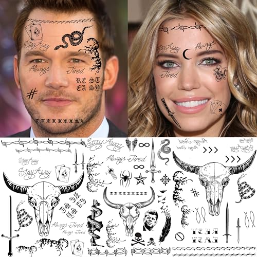 Image of 5 Sheets Large Malone Tattoos For Men Women Adults, Halloween Malone Face Tattoos Sticker Prisoner Prison Set, Barbed Wire Rapper Temporary Tattoo Sticker Inmate Party Accessories Makeup Kit