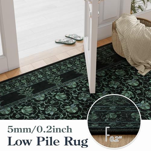Image of Lahome Black Kitchen Runner Rug 2x6, Low Plie Rug Runners for Hallways Non Slip, Vintage Floral Washable Runner for Entryway Laundry Room Bathroom (2'x6', Black /Green)