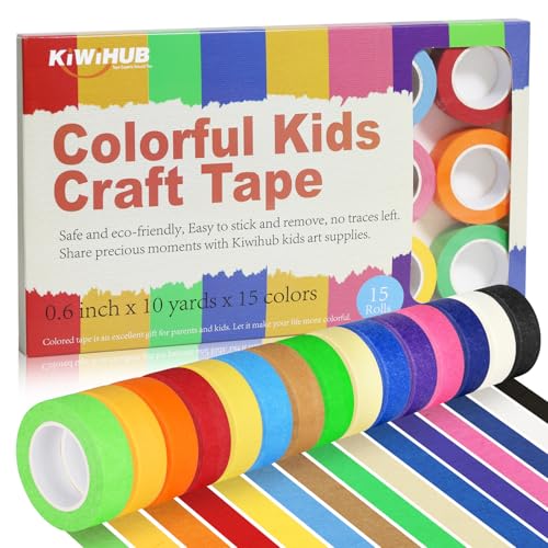 KIWIHUB 15 Rolls Colored Masking Tape, Colored Tape for Kids Art Supplies, DIY Craft Tape,Teaching Supplies and Labeling Colored Painters Tape 0.6 in x 10 Yard