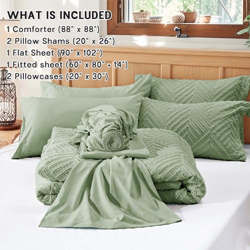 Image of Zzlpp Queen Comforter Set 7 pieces, Sage Green Tufted Bed in a Bag with Comforter and Sheets, All Season Boho Bedding Sets with 1 Comforter, 2 Pillow Shams, 2 Pillowcases, 1 Flat Sheet, 1 Fitted Sheet