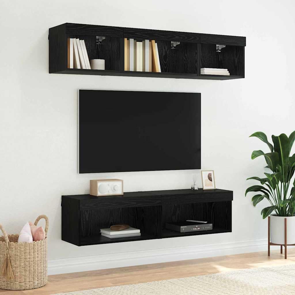 Gabinete LED de pared madera ingenierizada para sala moderna Negro 13.46 | Conjunto de mueble de TV 2 uds. Roble Negro Montaje en Pared con Luces LED USB para Salón Moderno con Estantes y Puertas,