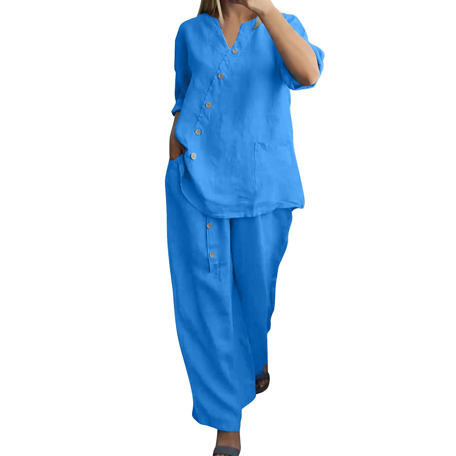 Plus Size Cotton Linen Outfits for Women 2 Piece Set Pants Suits V Neck Button 3 4 Sleeve