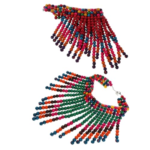 Collier design unique en bois ORFOFE avec perles colorées et pompons