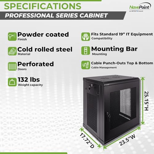 Image of NavePoint 12U Server Rack Enclosure - 17.7 inch Deep, Wall Mount Network Cabinet with Locking Perforated Door, 19 inch IT Equipment Compatible, Network Rack, Removable Side Panels, Black