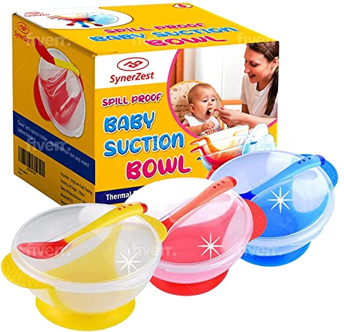 Image of Baby Food Bowl with Thermal Spoon-Holder Cover, Full Silicon Base. (Laboratory Tested Bowl) Toddler Bowl NOT Too Soft/Durable/Quality/Safe for Infant and Elderly (9 Pieces, 3SETS)