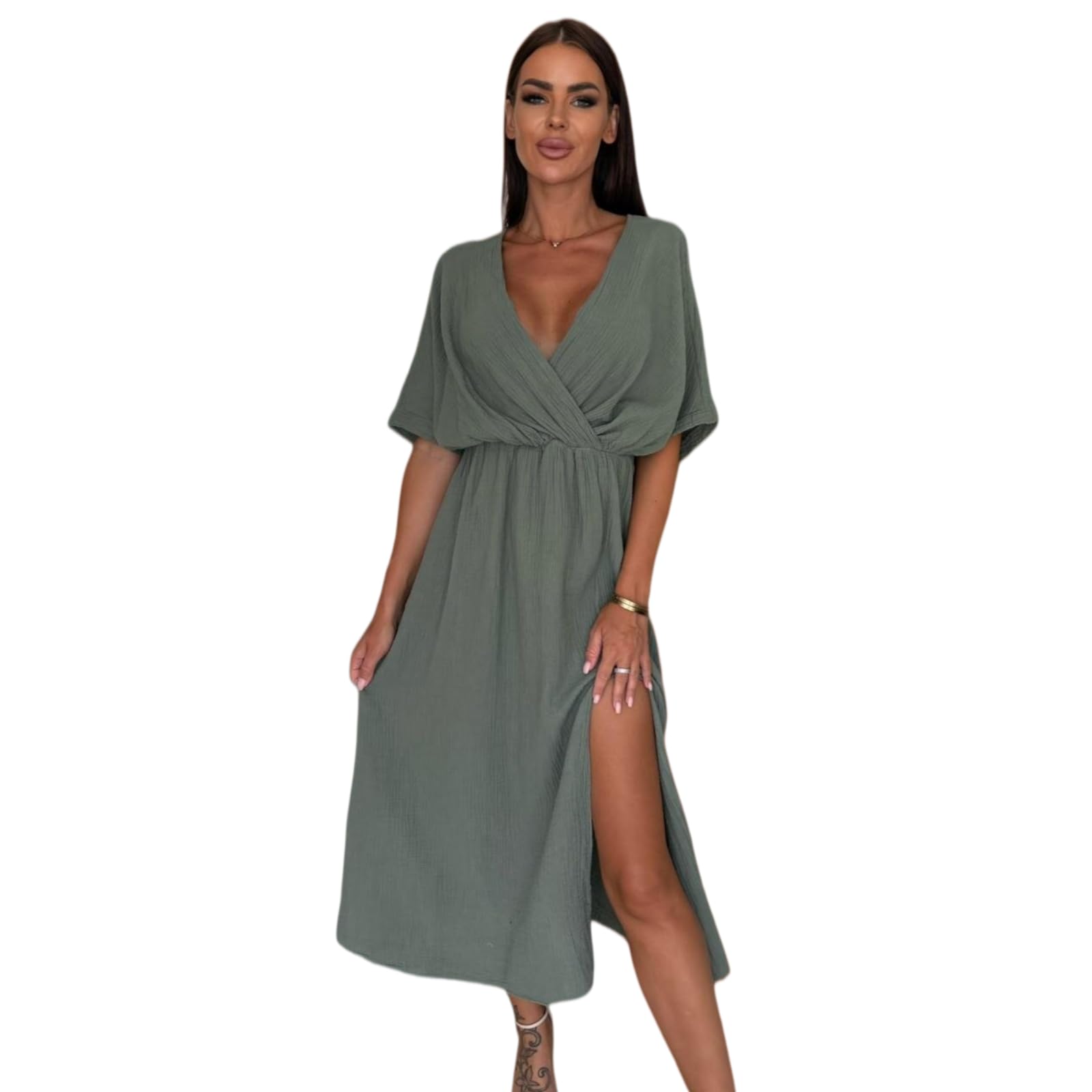 Abito Donna Avvolgere V Collo Midi Manica Corta Elastico Casual in Vita, Fessura Laterale Ruggine Textured-Green-l