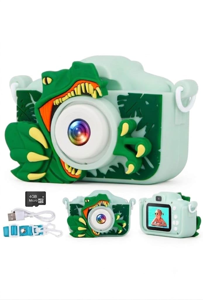 happy choices kids digital camera compact dino selfie camera video recorder photo capture games 4gb sd card 2.0 inch screen for girls boys 4+ 5 6 7 8 - with sd card 4gb (green)
