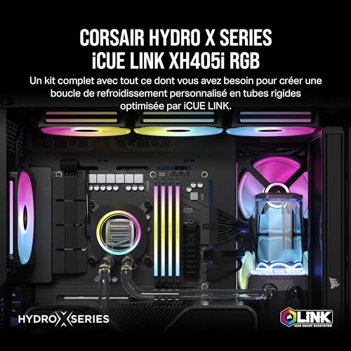 CORSAIR Hydro X Series iCUE Link XH405i Kit de Watercooling Personnalisé – Waterblock pour Processeur XC7 Elite – Pompe/Réservoir D5 XD5 Elite – 3 Ventilateurs RGB QX120 – Gris Furtif