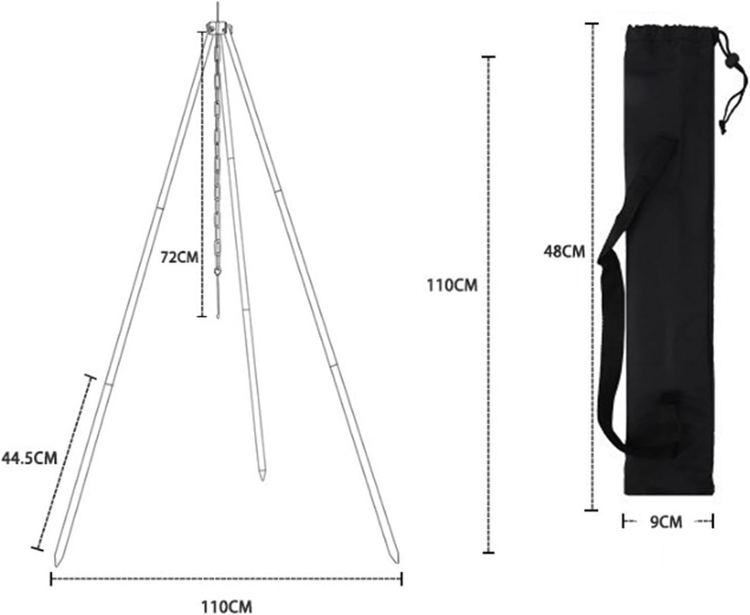 Camping Tripod for Cooking, Portable Adjustable Outdoor Cooking Campfire Tripod Grill with Hanging Chain, Hook & Carry Bag