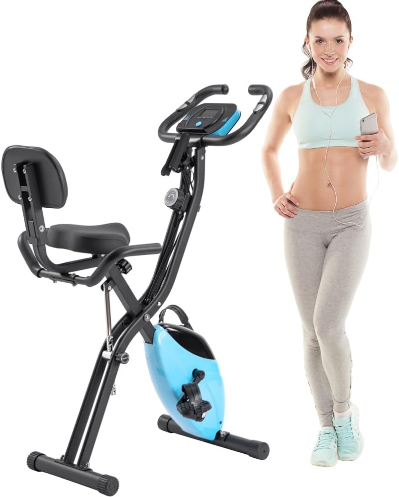 Folding Exercise Bike, Fitness Upright and Recumbent X-Bike with 16-Level Adjustable Resistance, Arm Bands and Backrest (Light Blue + Metal)