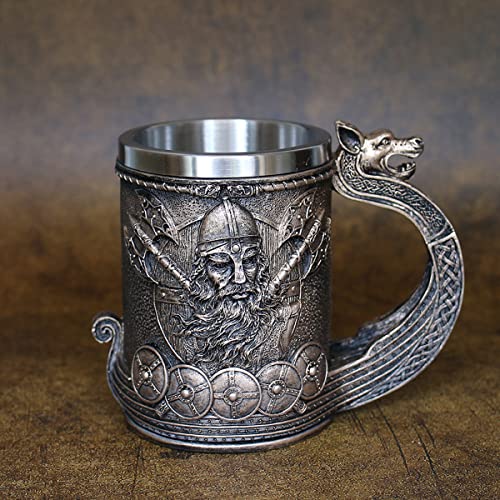Ottalent Noric Viking Ship Draon Drakkar Beer Mug Stainless Steel Liner, Bronze Color Viking Warrior Coffee Cup Stein For Collectible Gift 17Oz. #TOP3