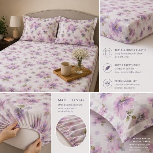 Image of Linen Home Cotton Percale Fitted Bedsheet Set Single Size Floral Purple