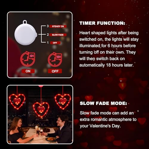 Lumière fenêtre Saint-Valentin : 3 cœurs rouges à piles