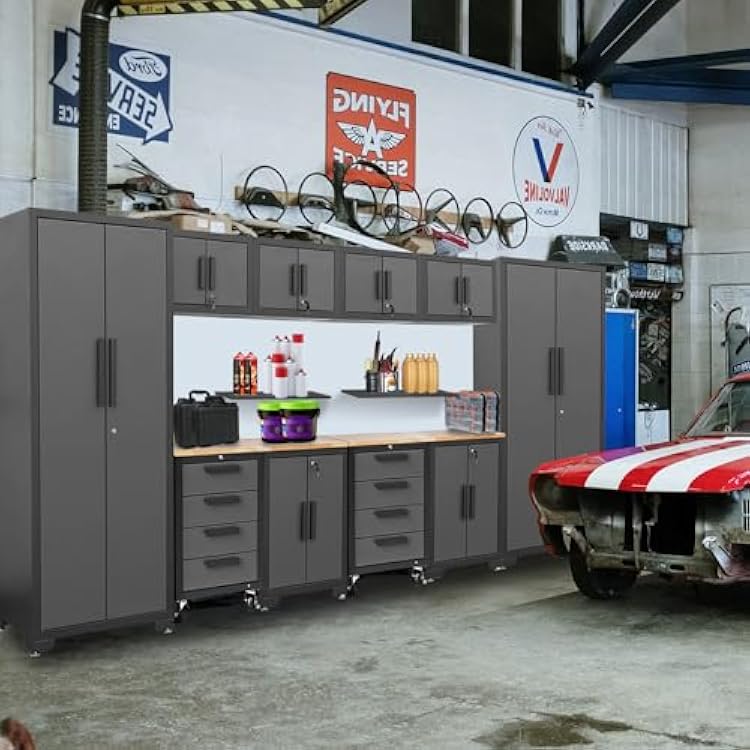 TCE Heavy Duty 12 Piece Garage Storage System: Metal Organization Workbench and 4-Drawers Rolling Cabinet, Black/Grey