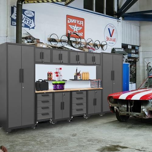 Image of TCE Heavy Duty 12 Piece Garage Storage System: Metal Organization Workbench and 4-Drawers Rolling Cabinet, Black /Grey
