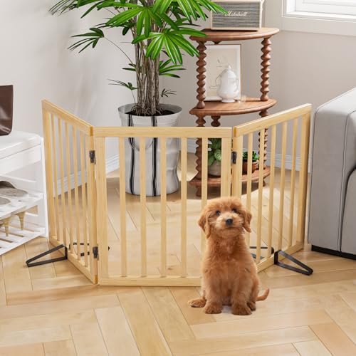 Semiocthome Freistehendes Hundegitter aus Bambus für Türen, 3-teilige Indoor-Welpentore für das Haus mit 2 Metallständern, 61 cm (H), zusammenklappbares Haustiergitter für Treppen, erweiterbar bis zu