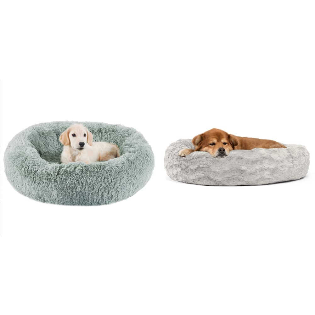 Best Friends by Sheri The Original Calming Donut Cat and Dog Bed in Shag Fur Sage, Medium 30x30 & The Original Calming Donut Cat and Dog Bed in Lux Fur Gray, Medium 30x30